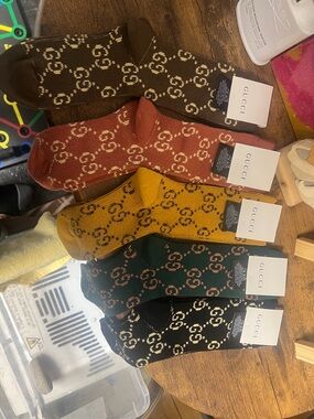 Gucci Multicolor GG Logo Crew Socks - Brown, Rust, Mustard, Green, Black